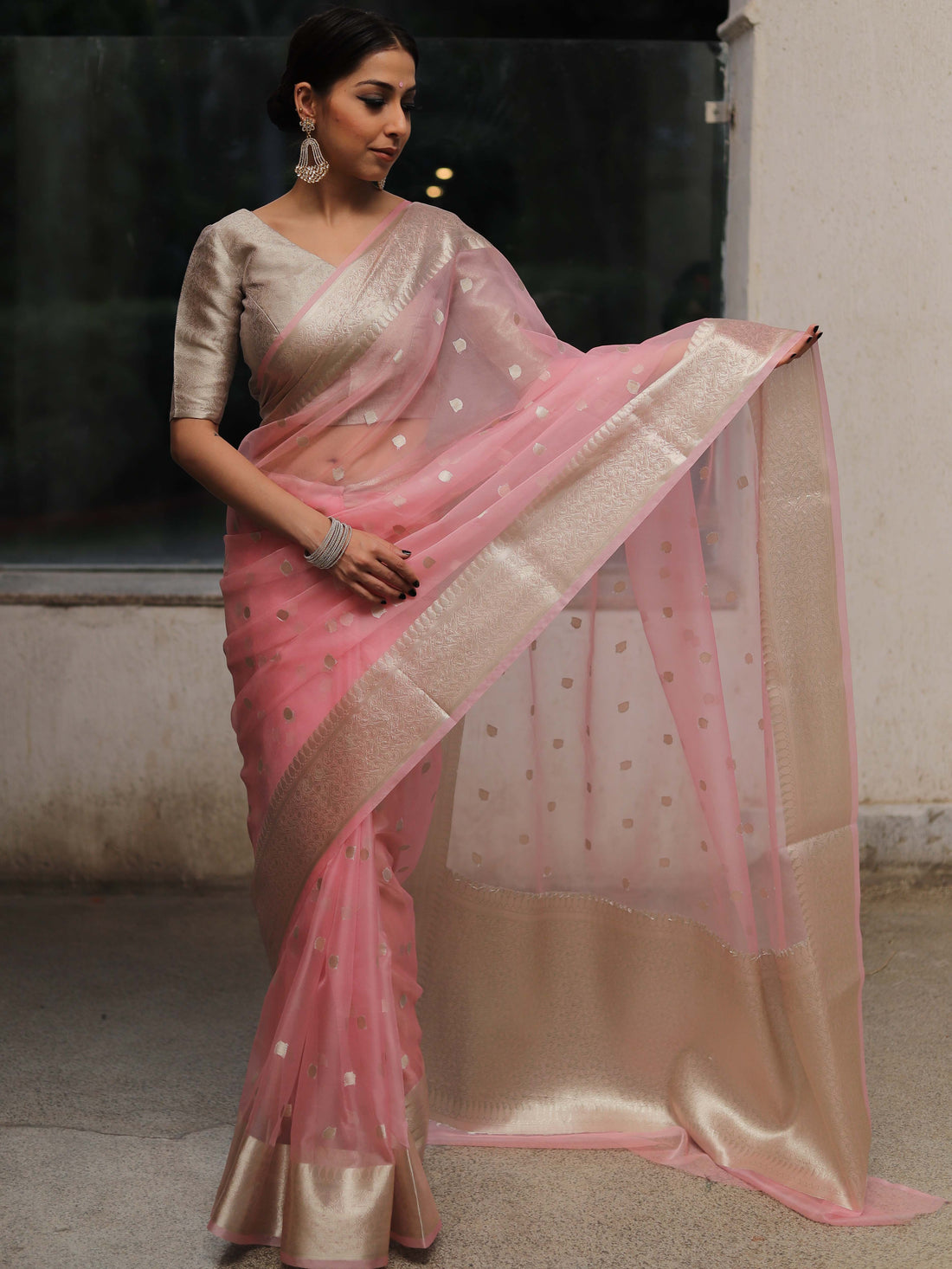 silver zari buta saree