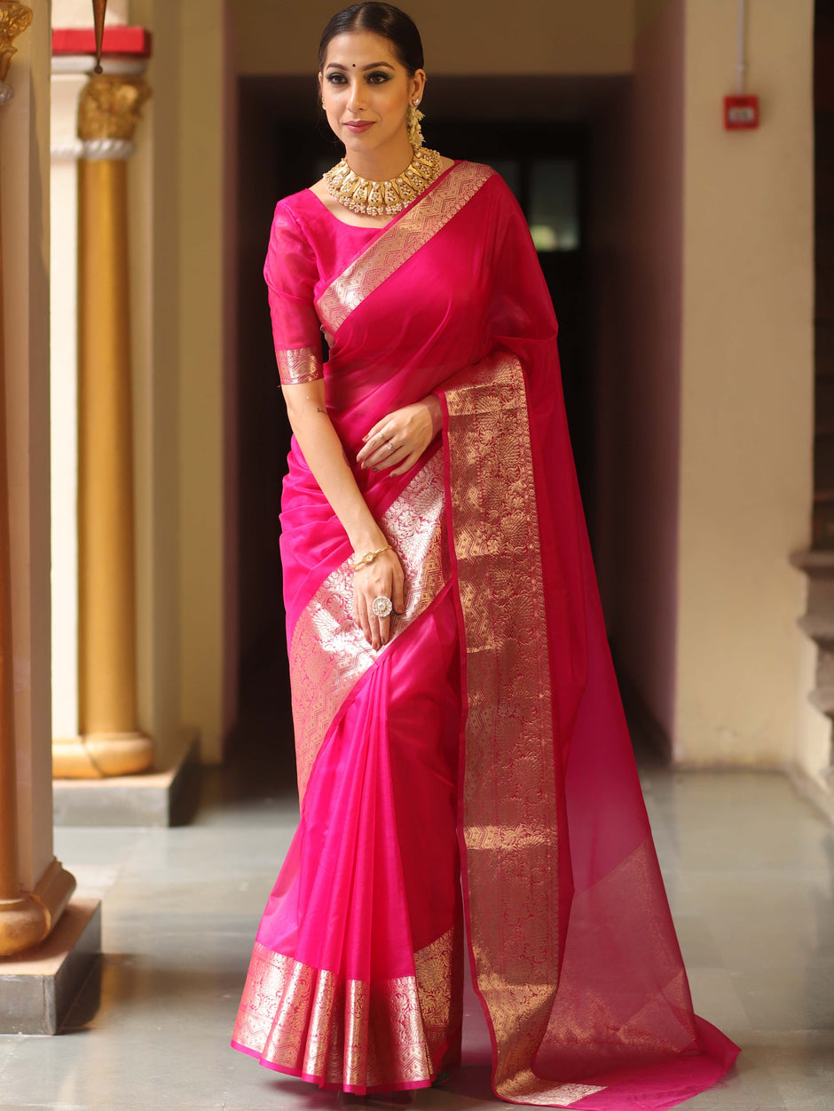Banarasee Pink Organza Saree with Zari Border
