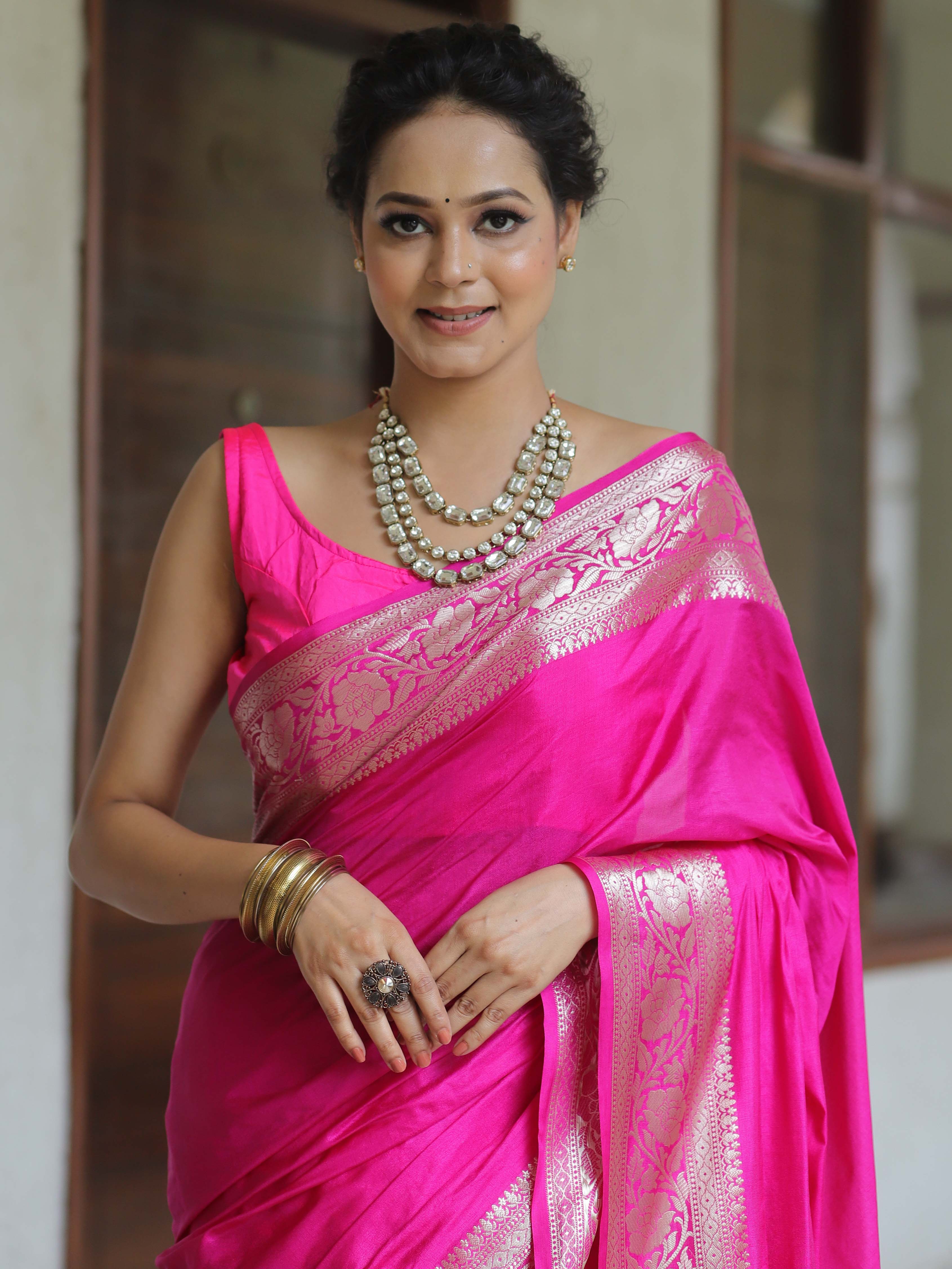 Banarasee Pink Semi Silk Saree