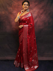 Banarasee Red Semi-Chiffon Saree Zari Work