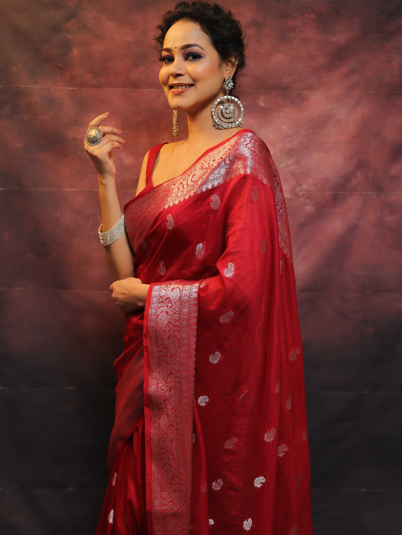 Banarasi Red Semi-Chiffon Saree Zari Work
