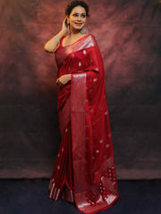 Banarasee Red Semi-Chiffon Saree Zari Work