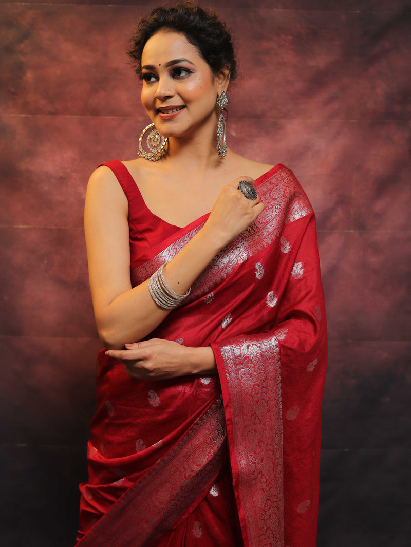 Banarasi Red Semi-Chiffon Saree Zari Work