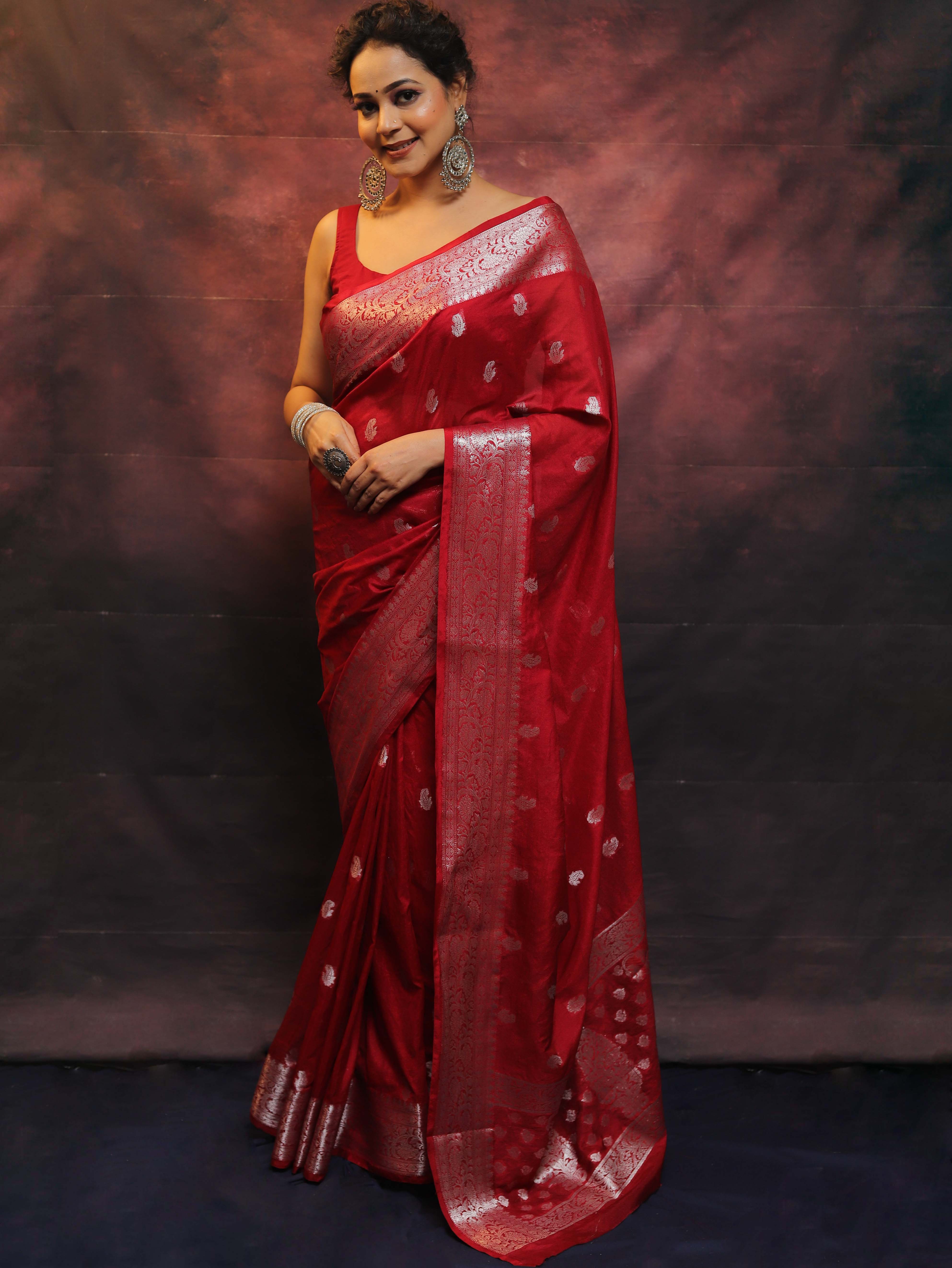 Banarasee Red Semi-Chiffon Saree Zari Work