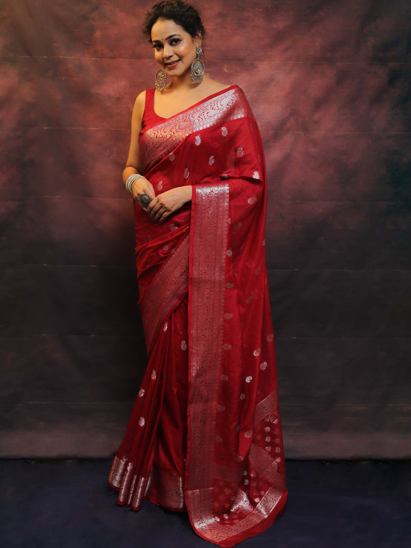Banarasi Red Semi-Chiffon Saree Zari Work