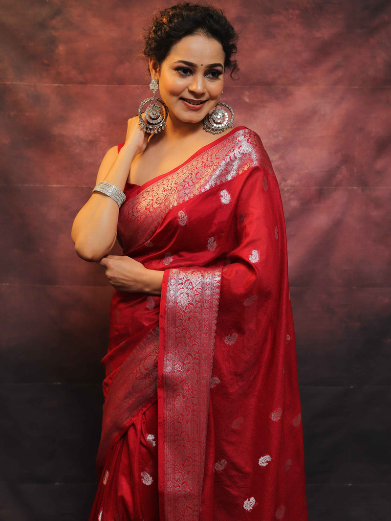 Banarasi Red Semi-Chiffon Saree Zari Work