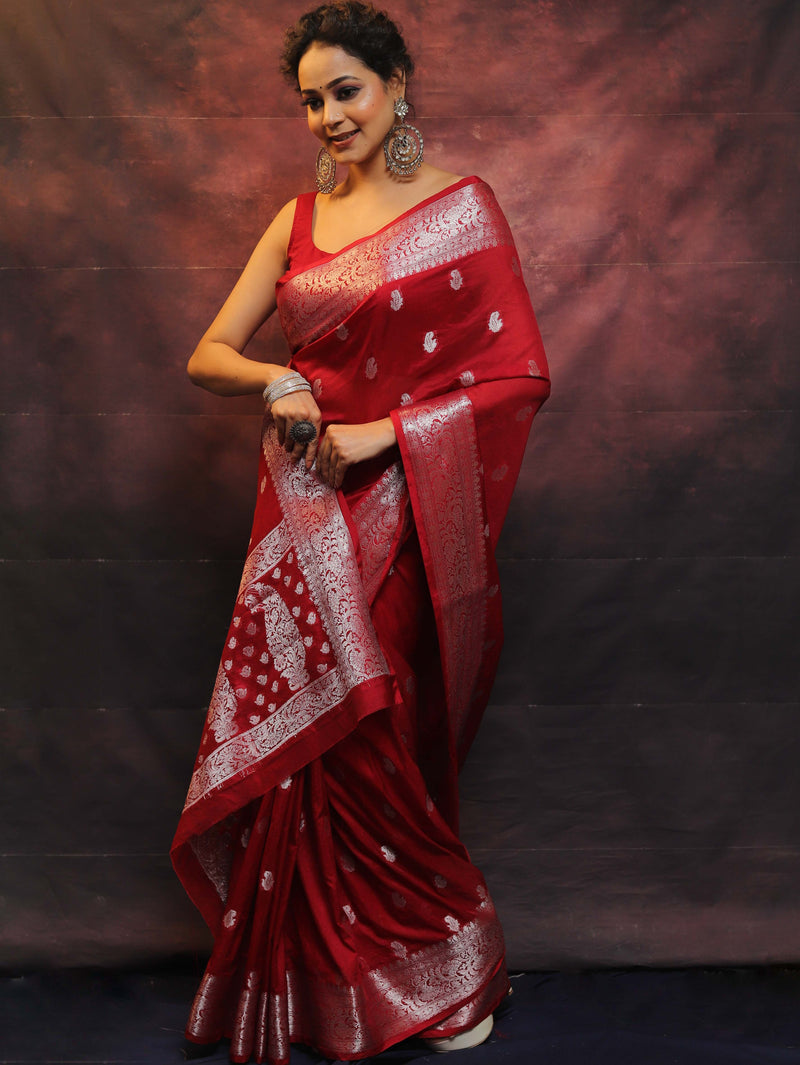 Banarasi Red Semi-Chiffon Saree Zari Work