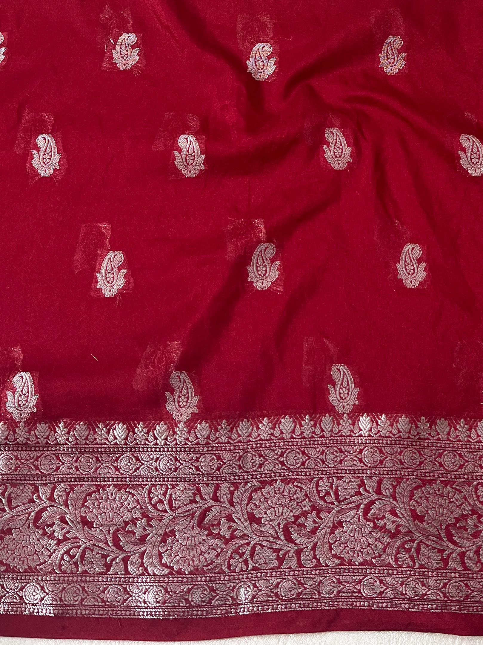 Banarasee Red Semi-Chiffon Saree Zari Work