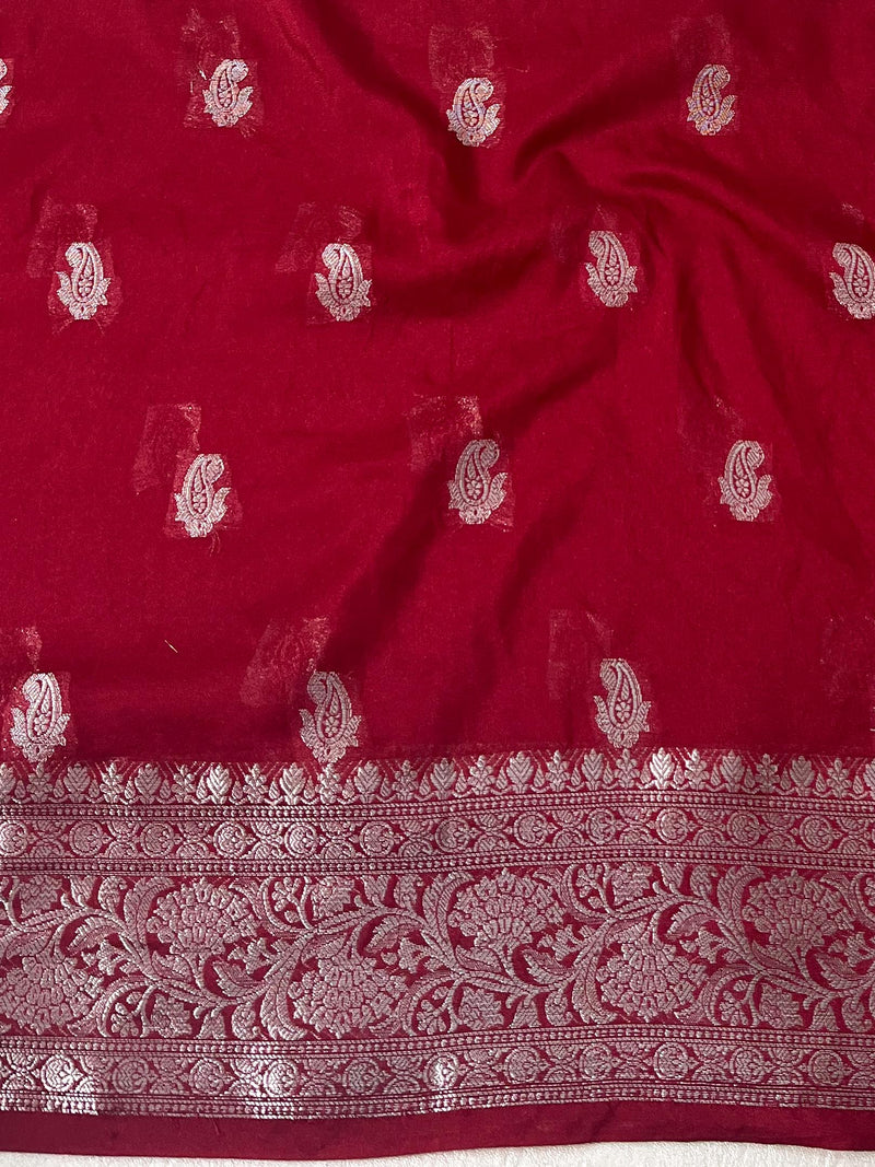 Banarasi Red Semi-Chiffon Saree Zari Work