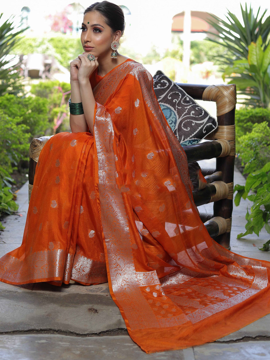 Banarasee Semi-Chiffon Orange Saree with Silver Zari