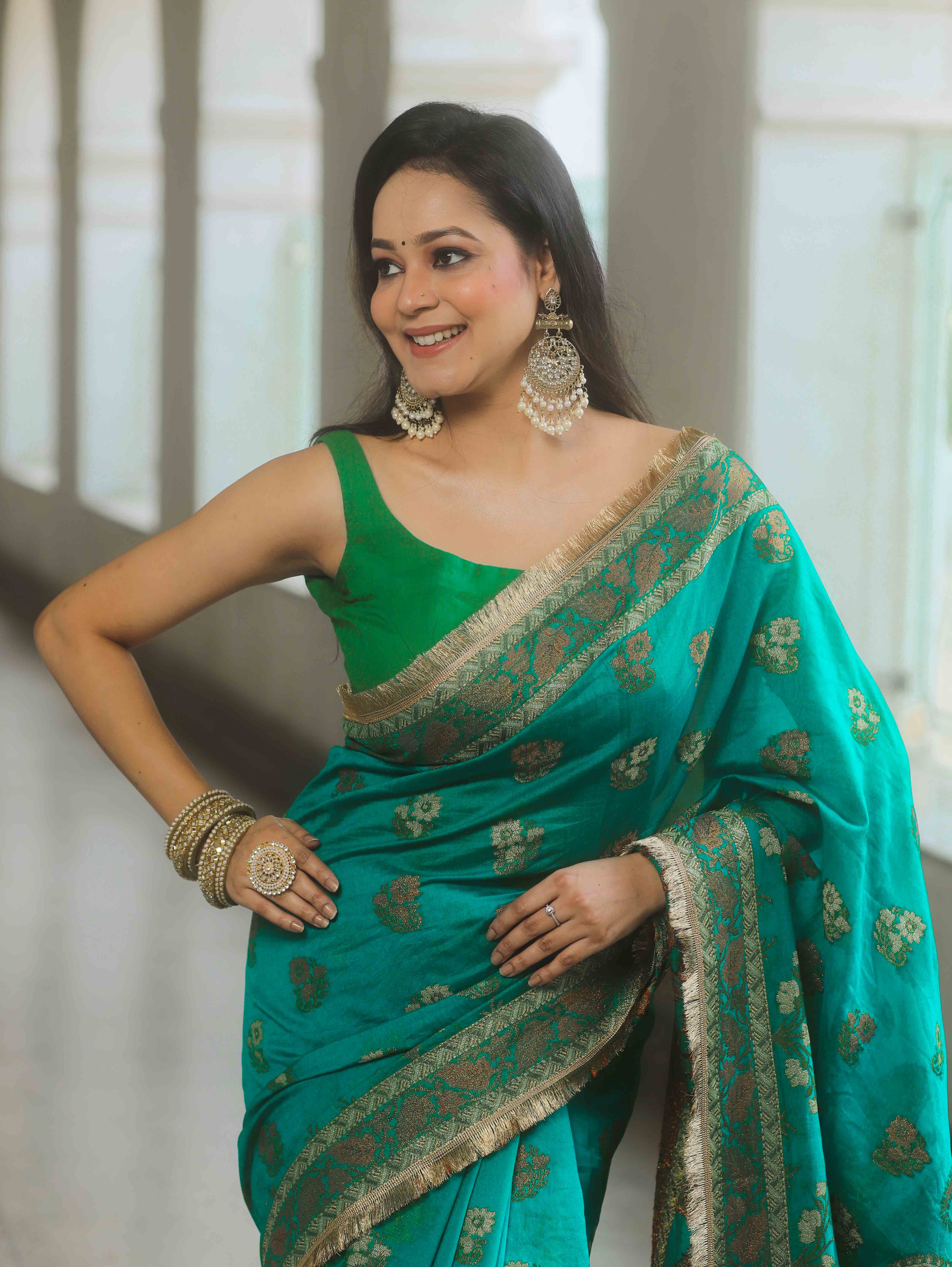 Banarasee Teal Georgette Zari Saree