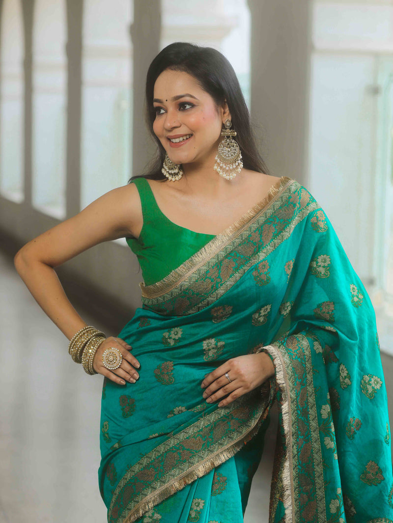 Banarasee Teal Georgette Zari Saree