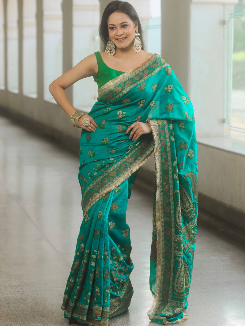 Banarasee Teal Georgette Zari Saree