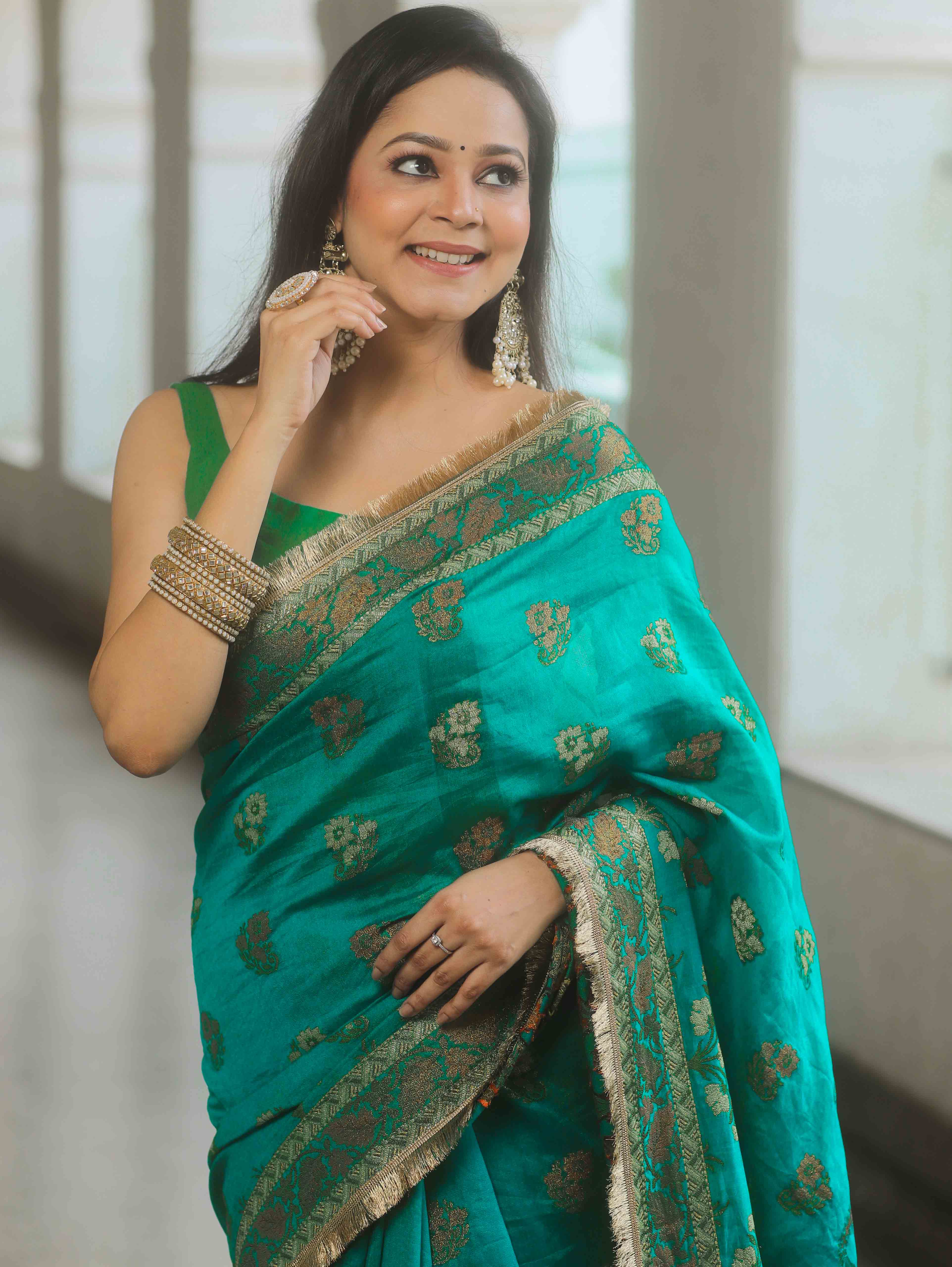 Banarasee Teal Georgette Zari Saree