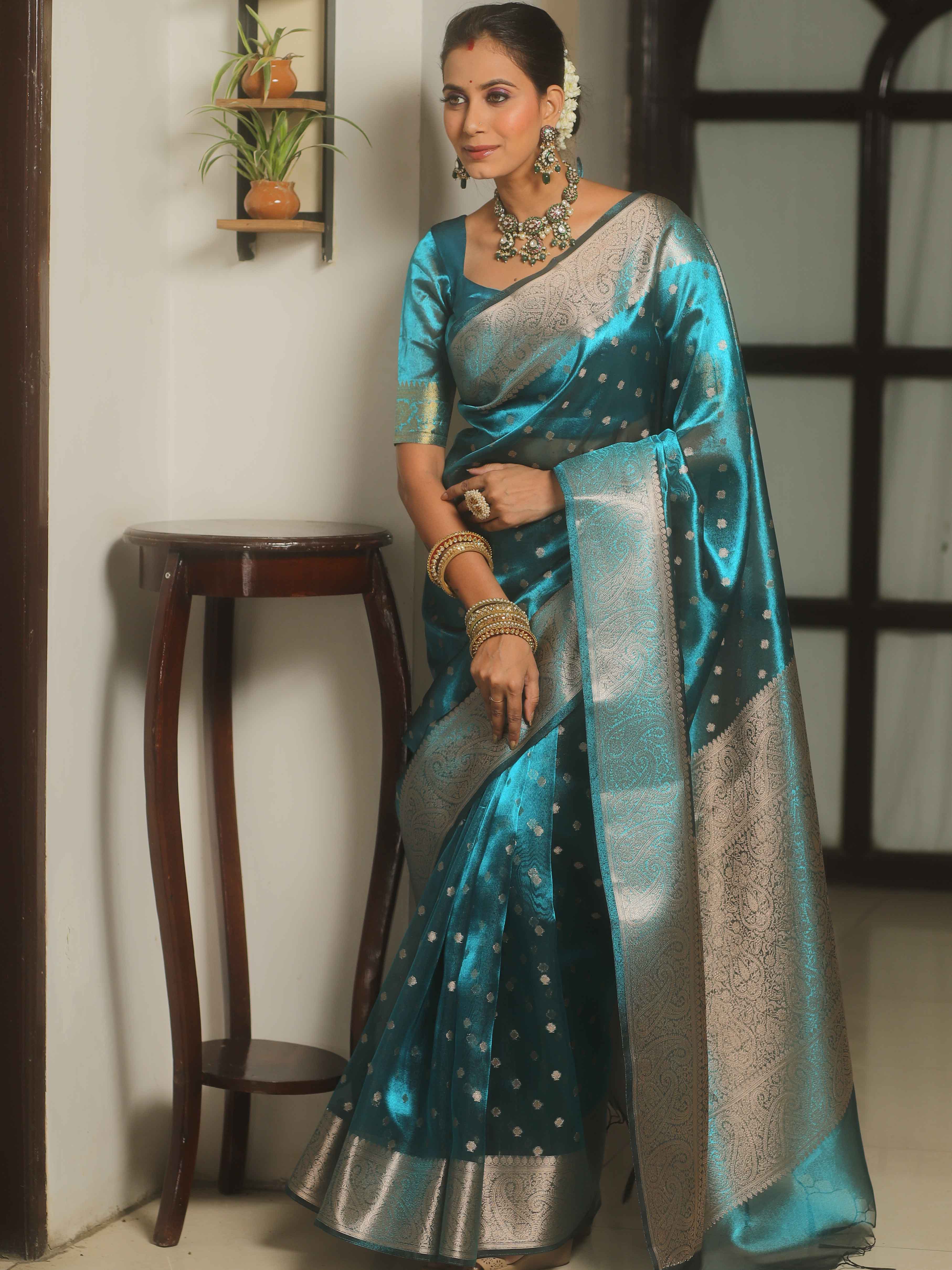 Banarasee Teal Blue Tissue Saree with Buti