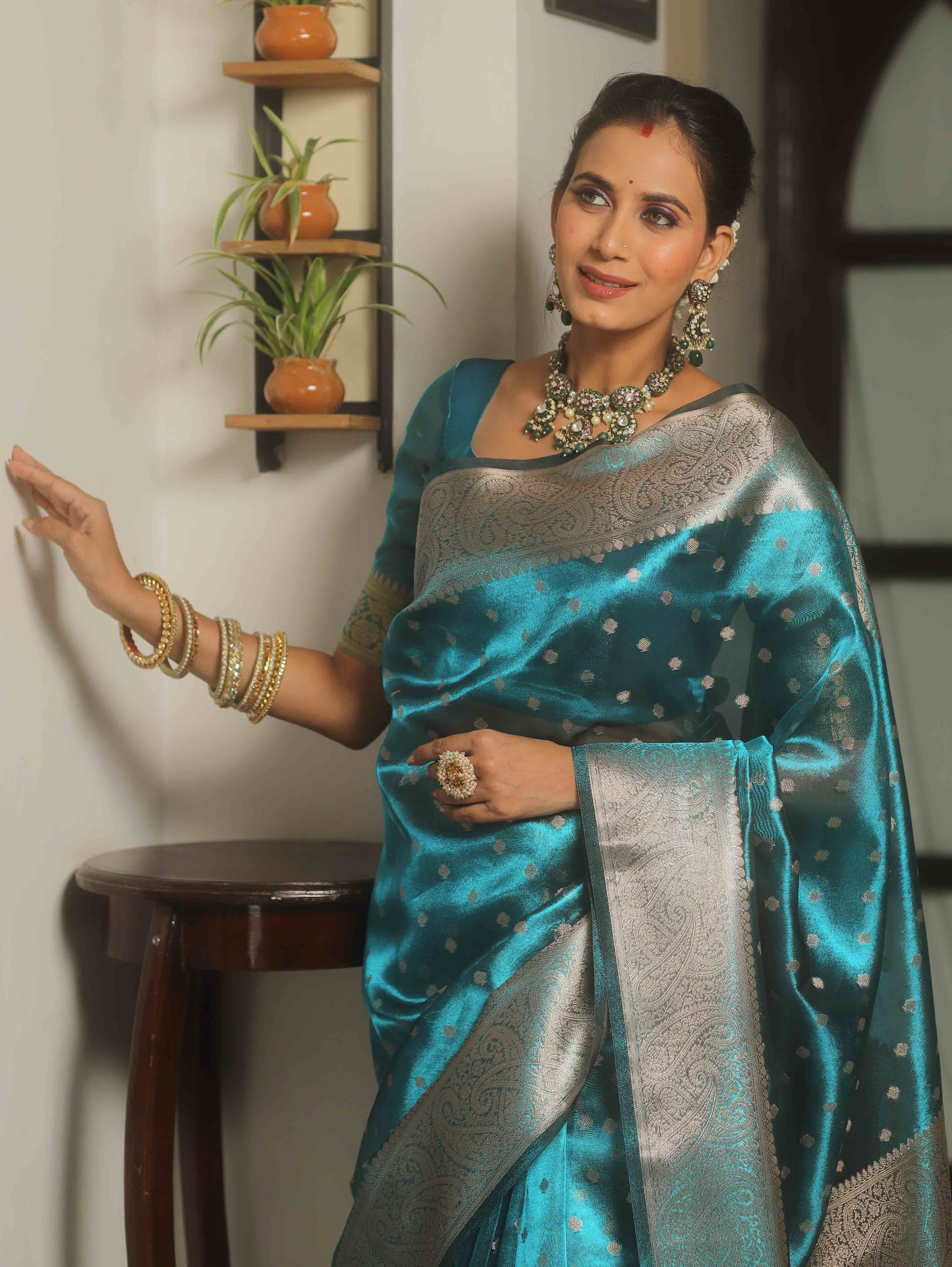 Banarasee Teal Blue Tissue Saree with Buti