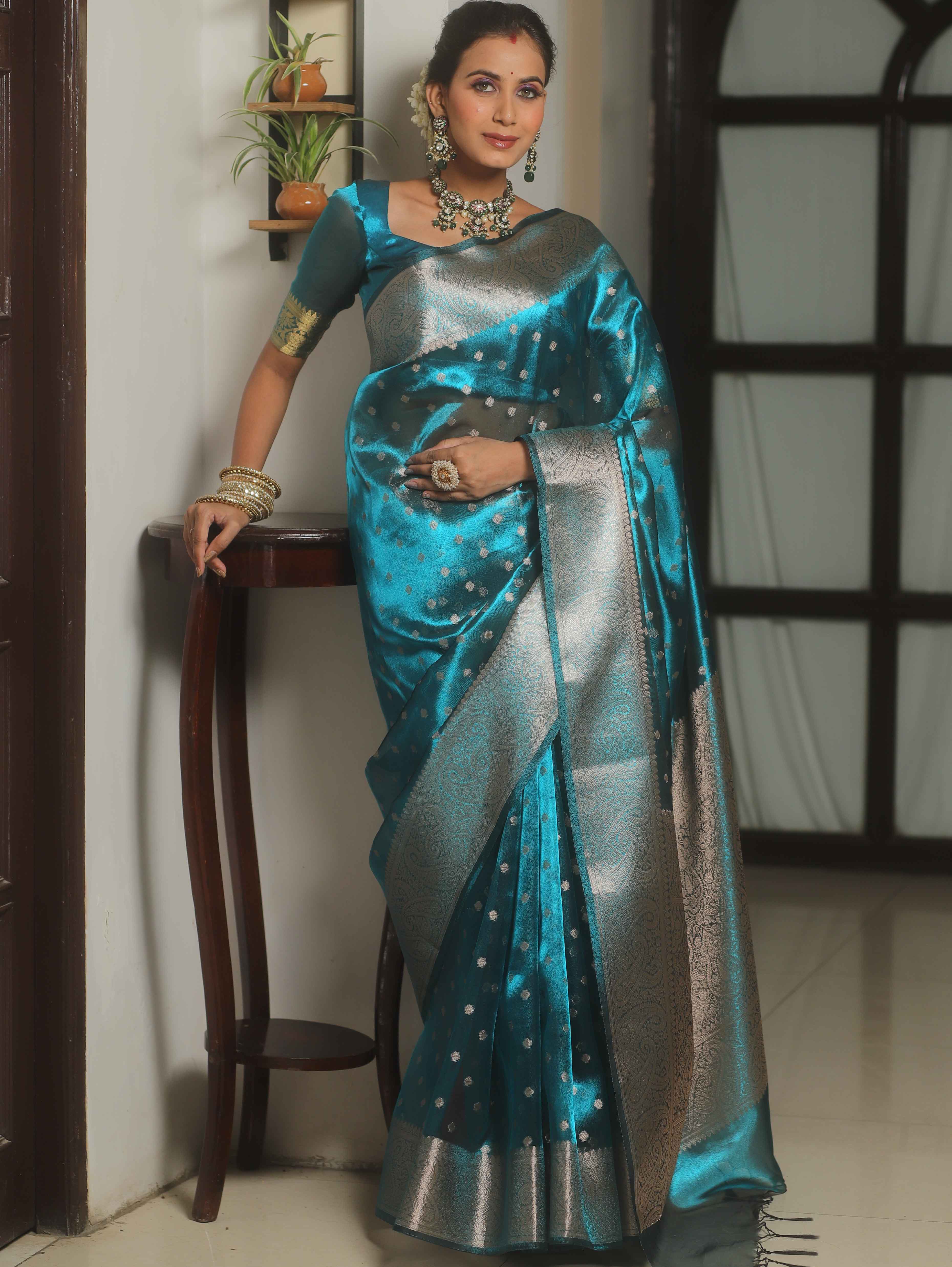 Banarasee Teal Blue Tissue Saree with Buti