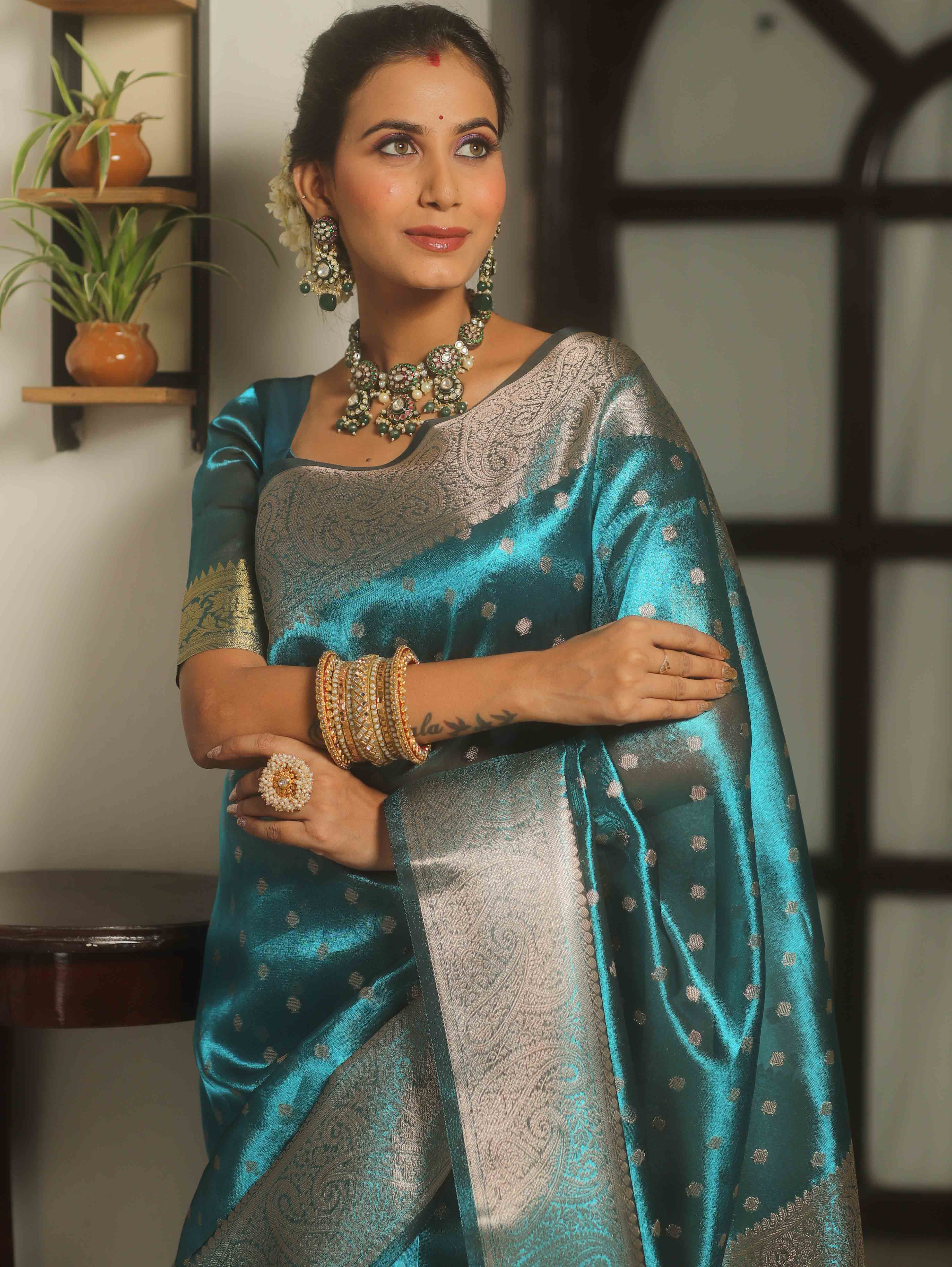 Banarasee Teal Blue Tissue Saree with Buti
