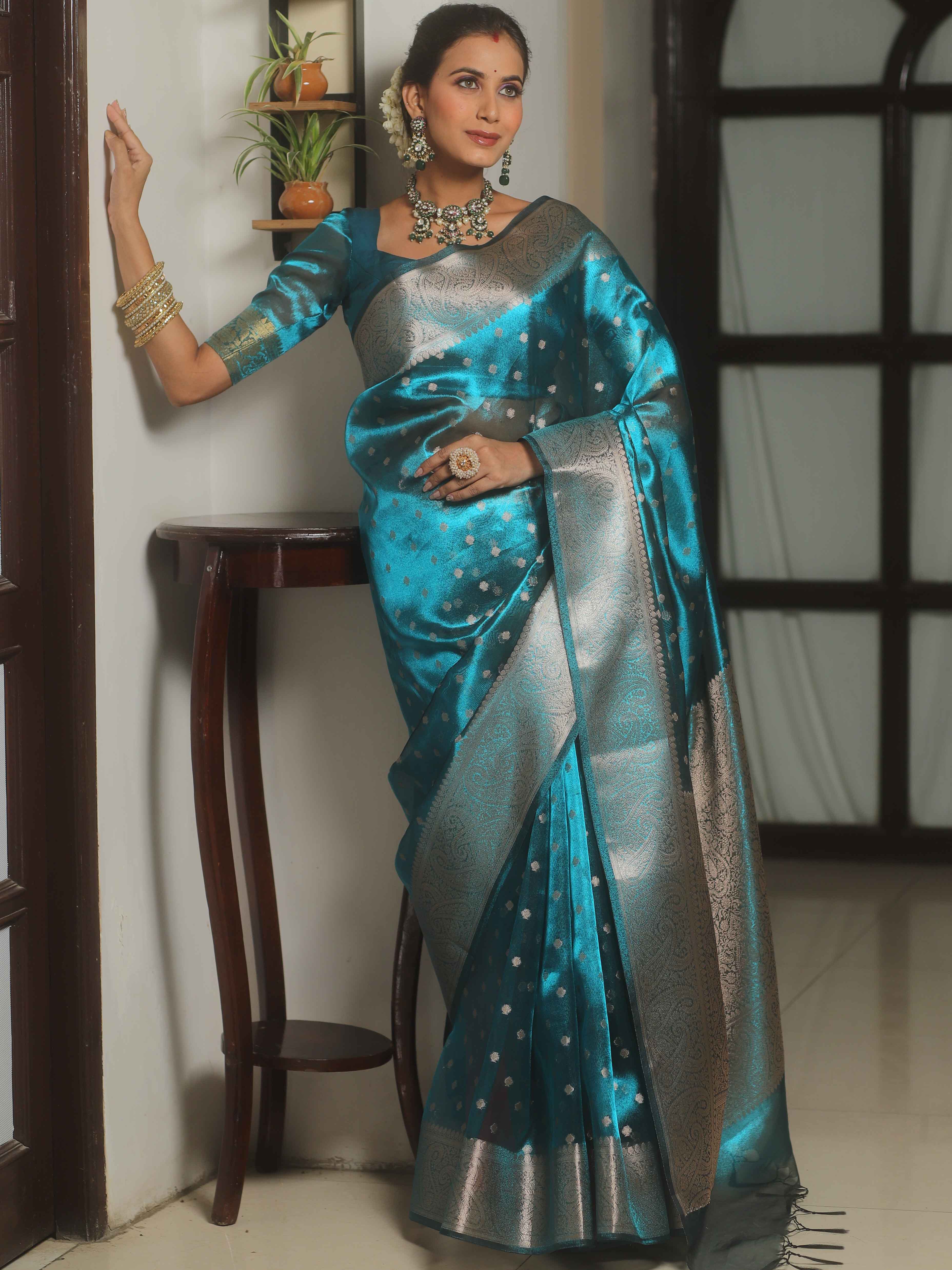 Banarasee Teal Blue Tissue Saree with Buti