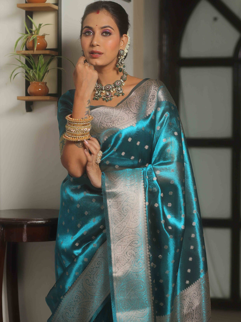 Banarasee Teal Blue Tissue Saree with Buti