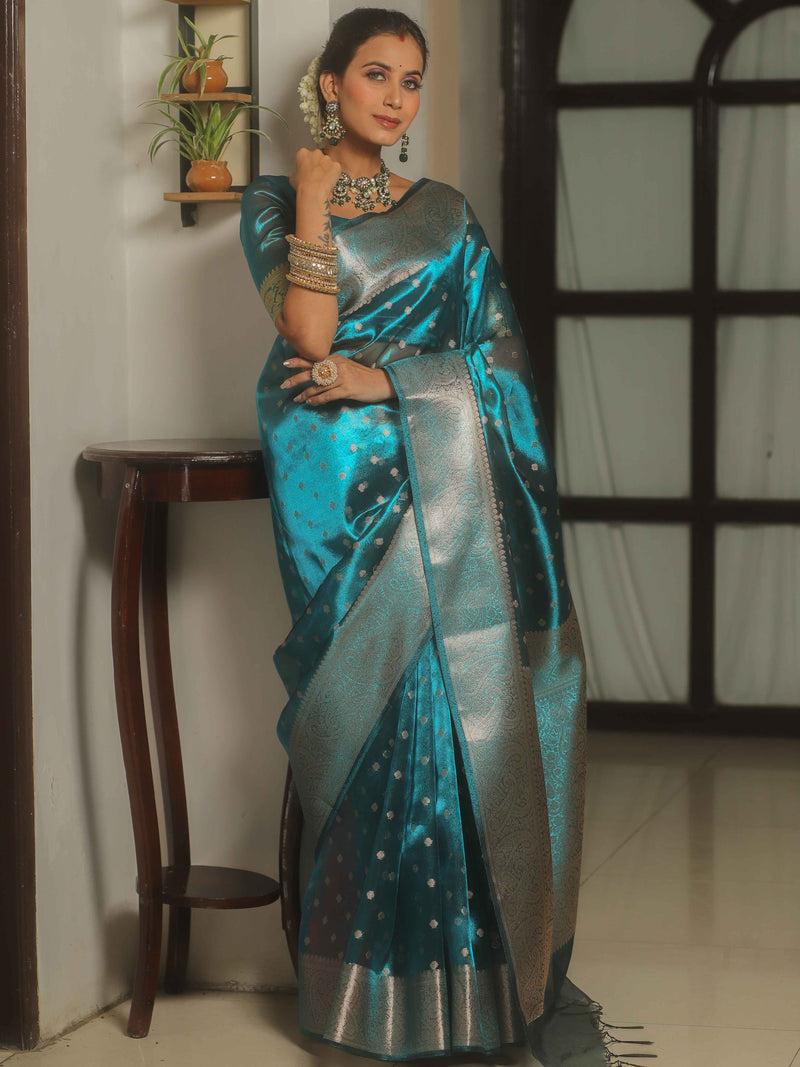 Banarasee Teal Blue Tissue Saree with Buti