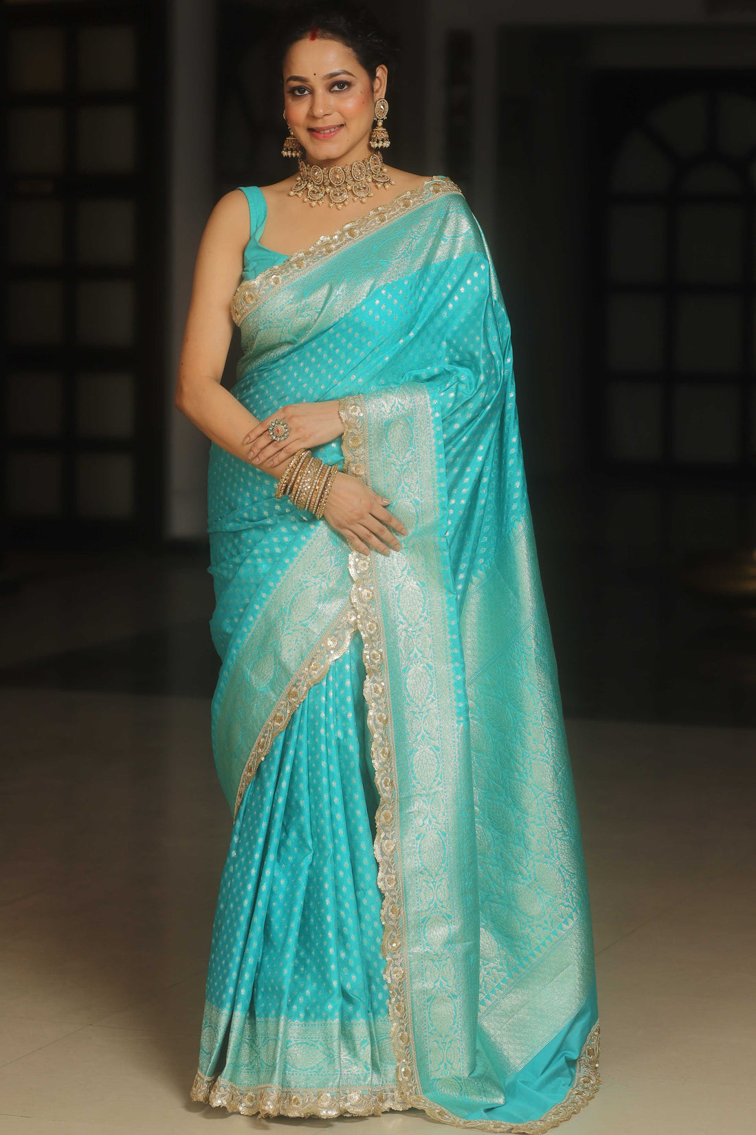 Banarasee Turquoise Semi-Katan Saree