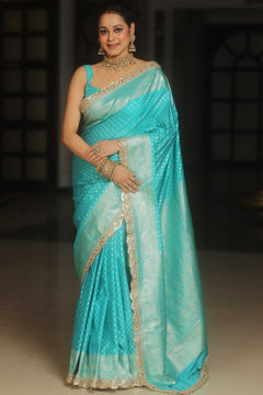Banarasee Turquoise Semi-Katan Saree