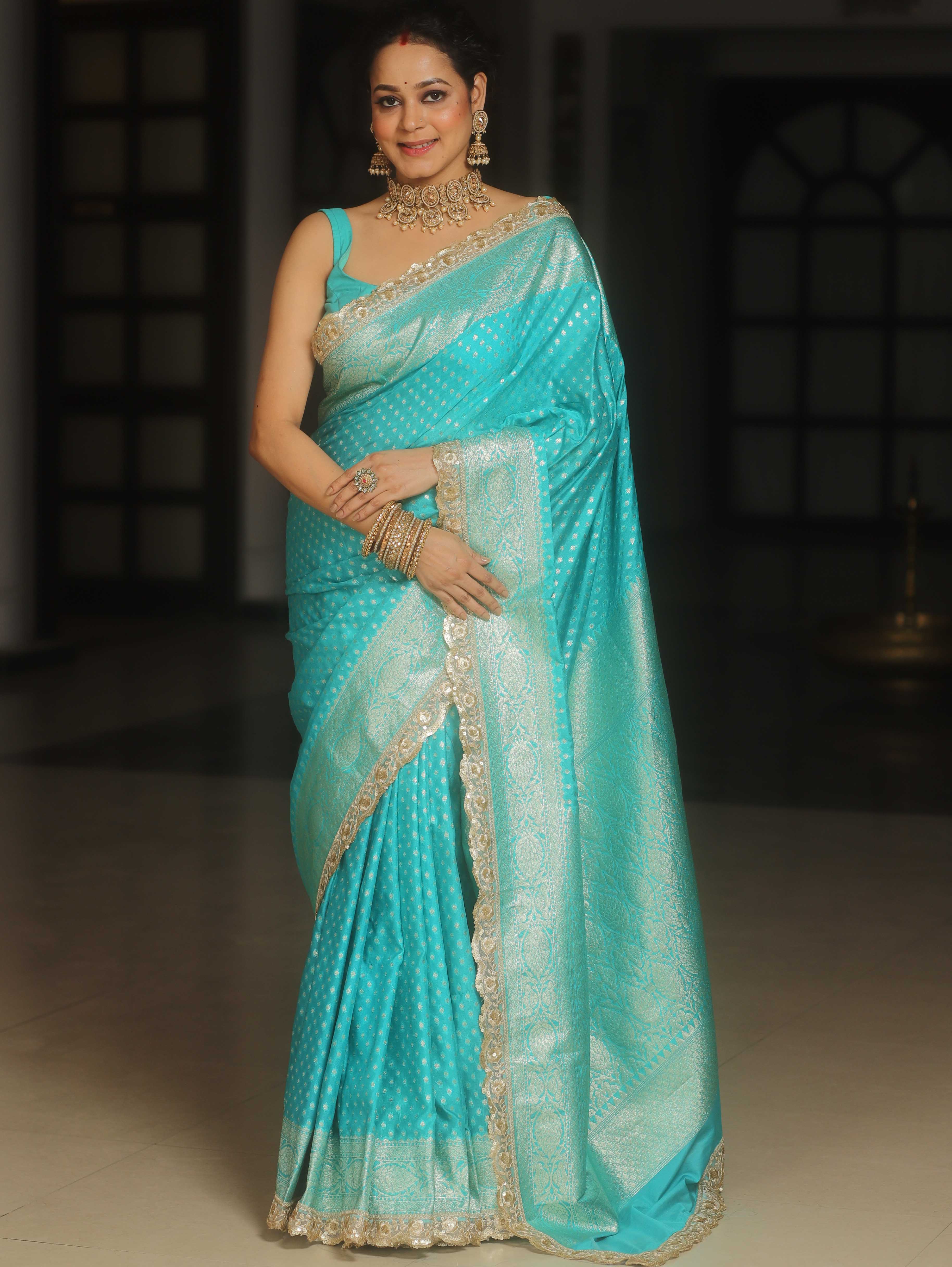 Banarasee Turquoise Semi-Katan Saree