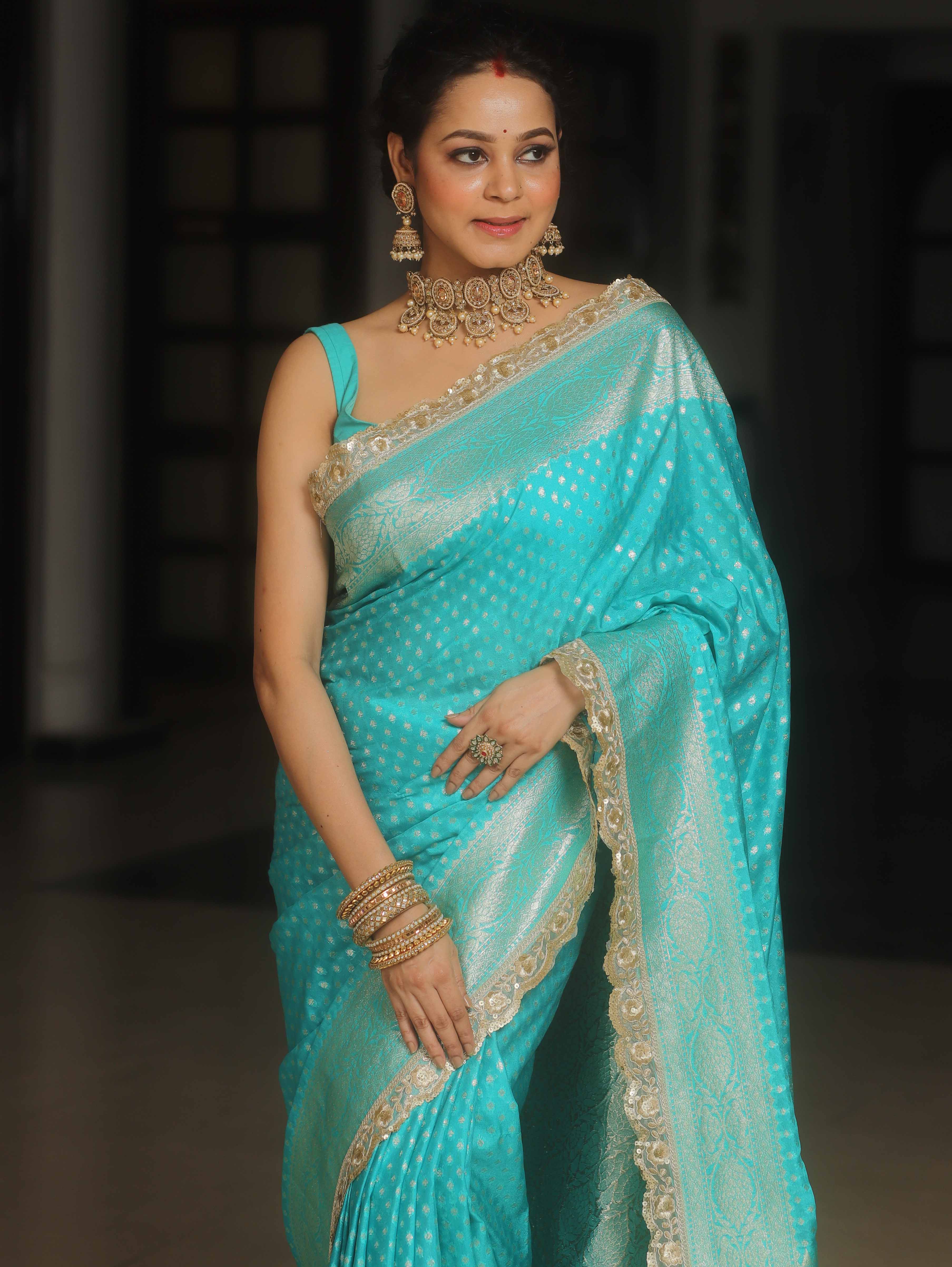 Banarasee Turquoise Semi-Katan Saree