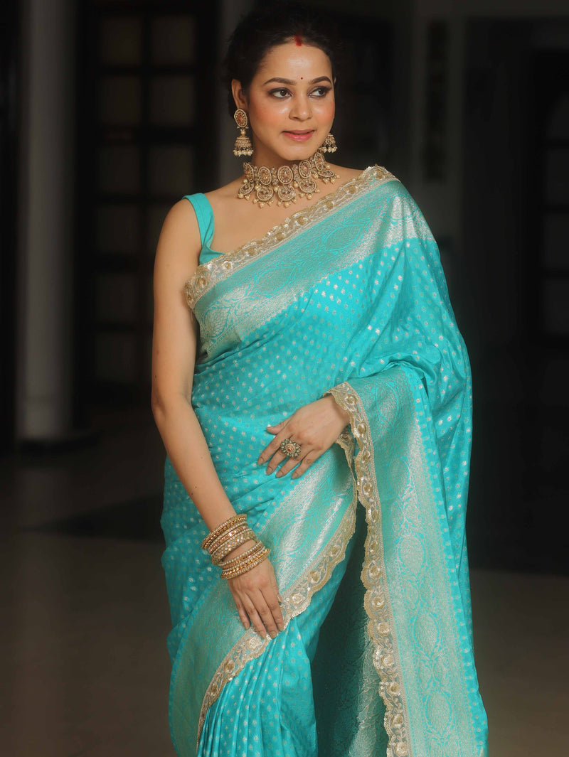 Banarasee Turquoise Semi-Katan Saree