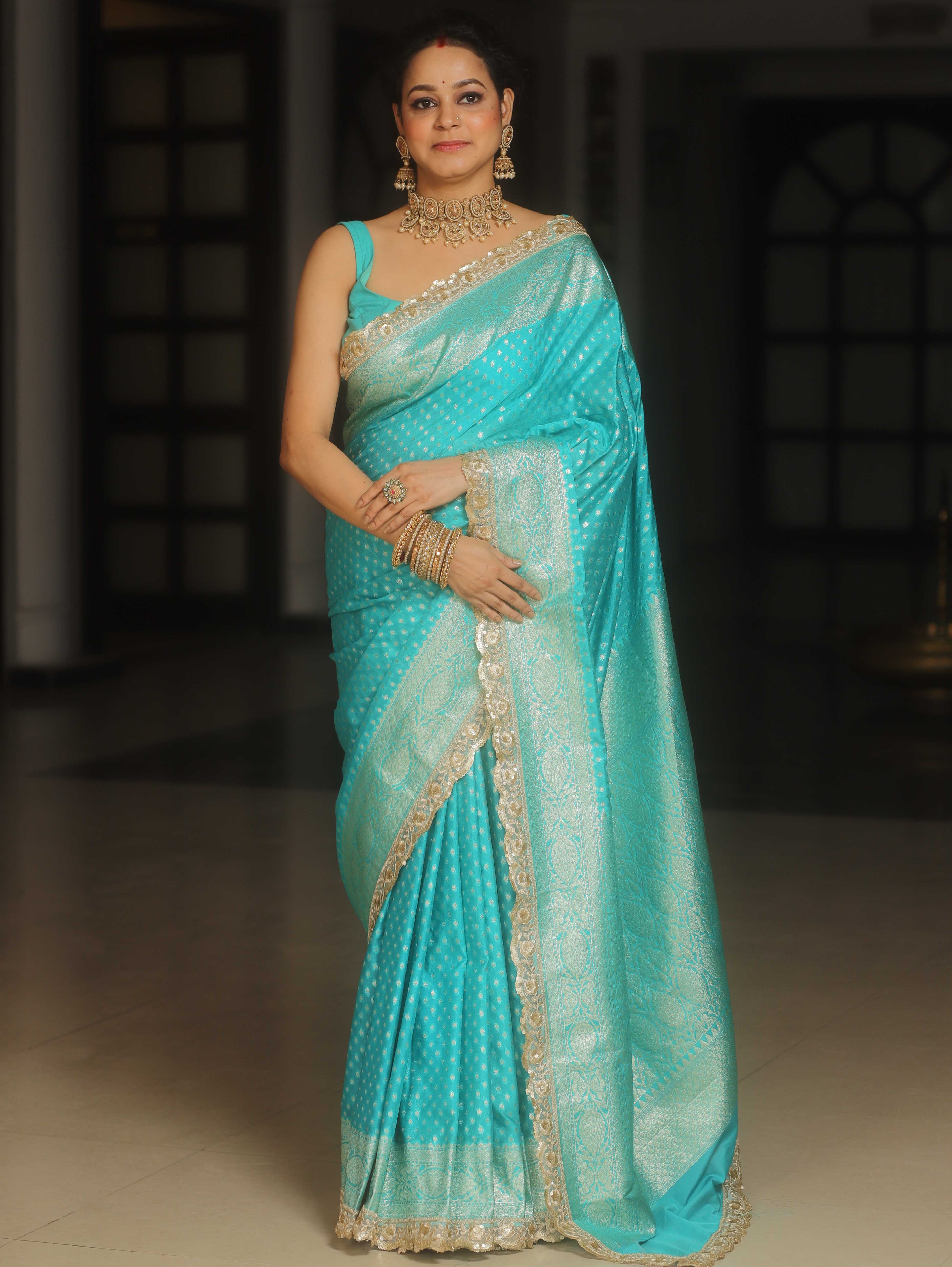 Banarasee Turquoise Semi-Katan Saree