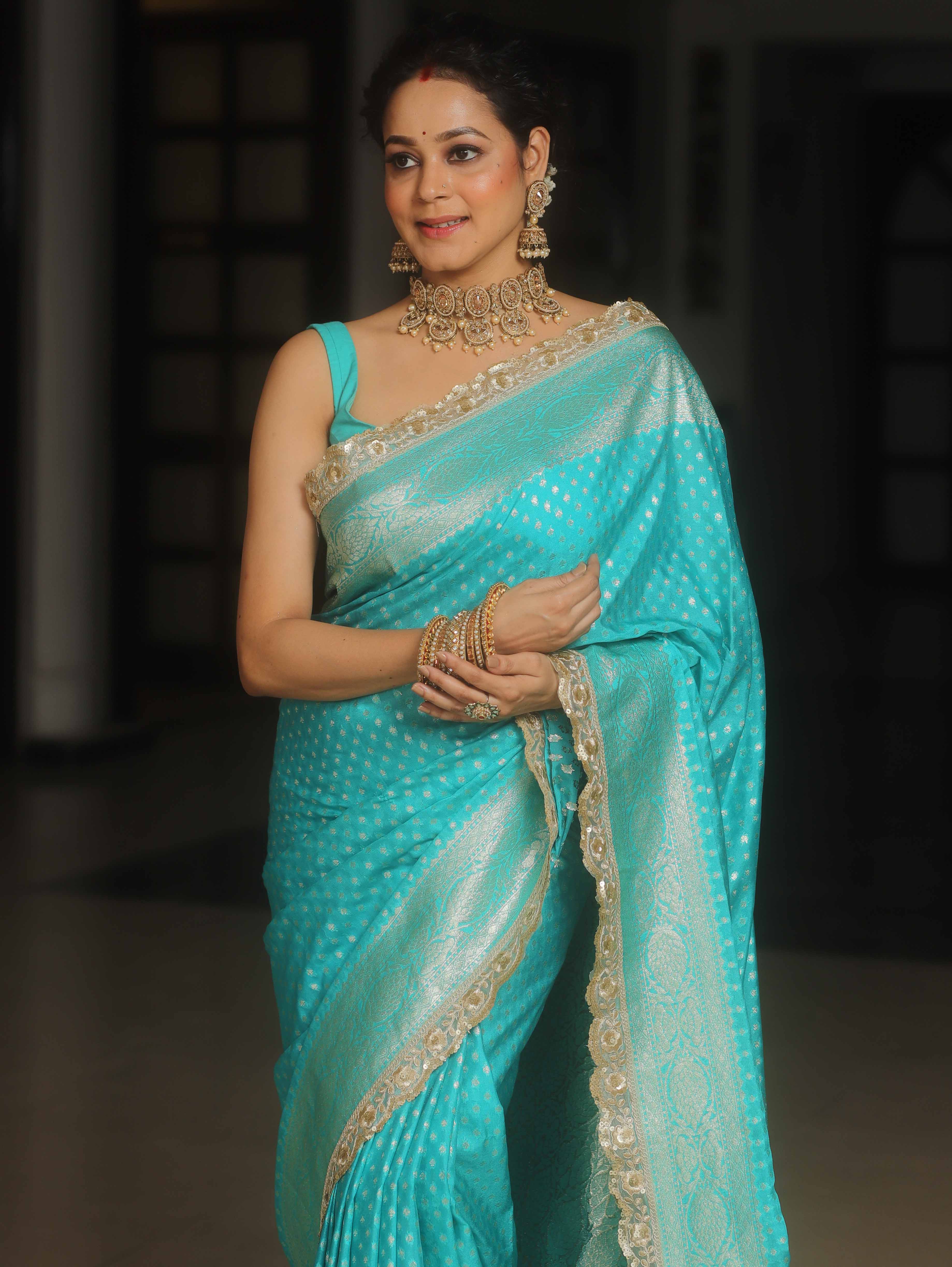 Banarasee Turquoise Semi-Katan Saree