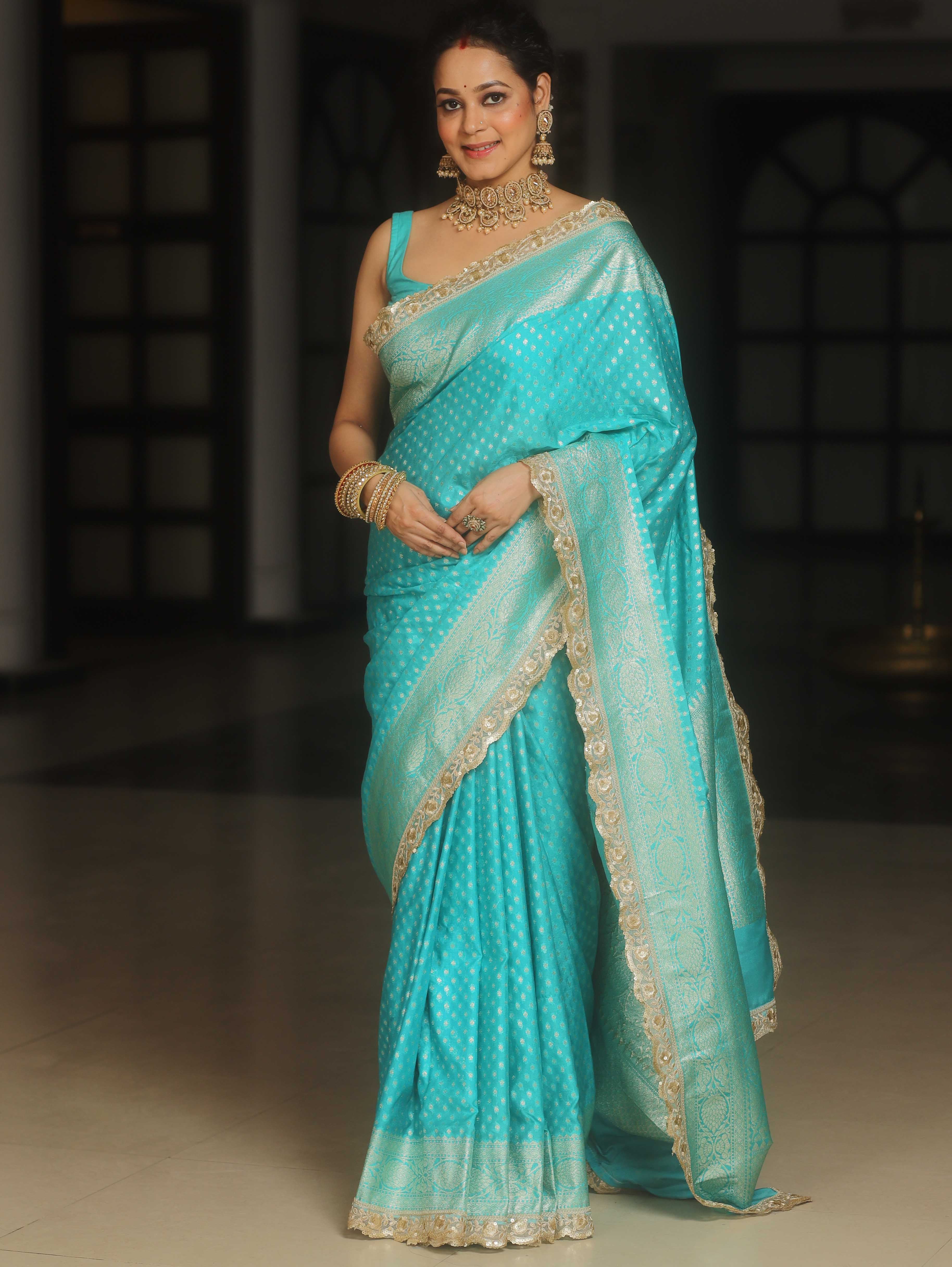 Banarasee Turquoise Semi-Katan Saree