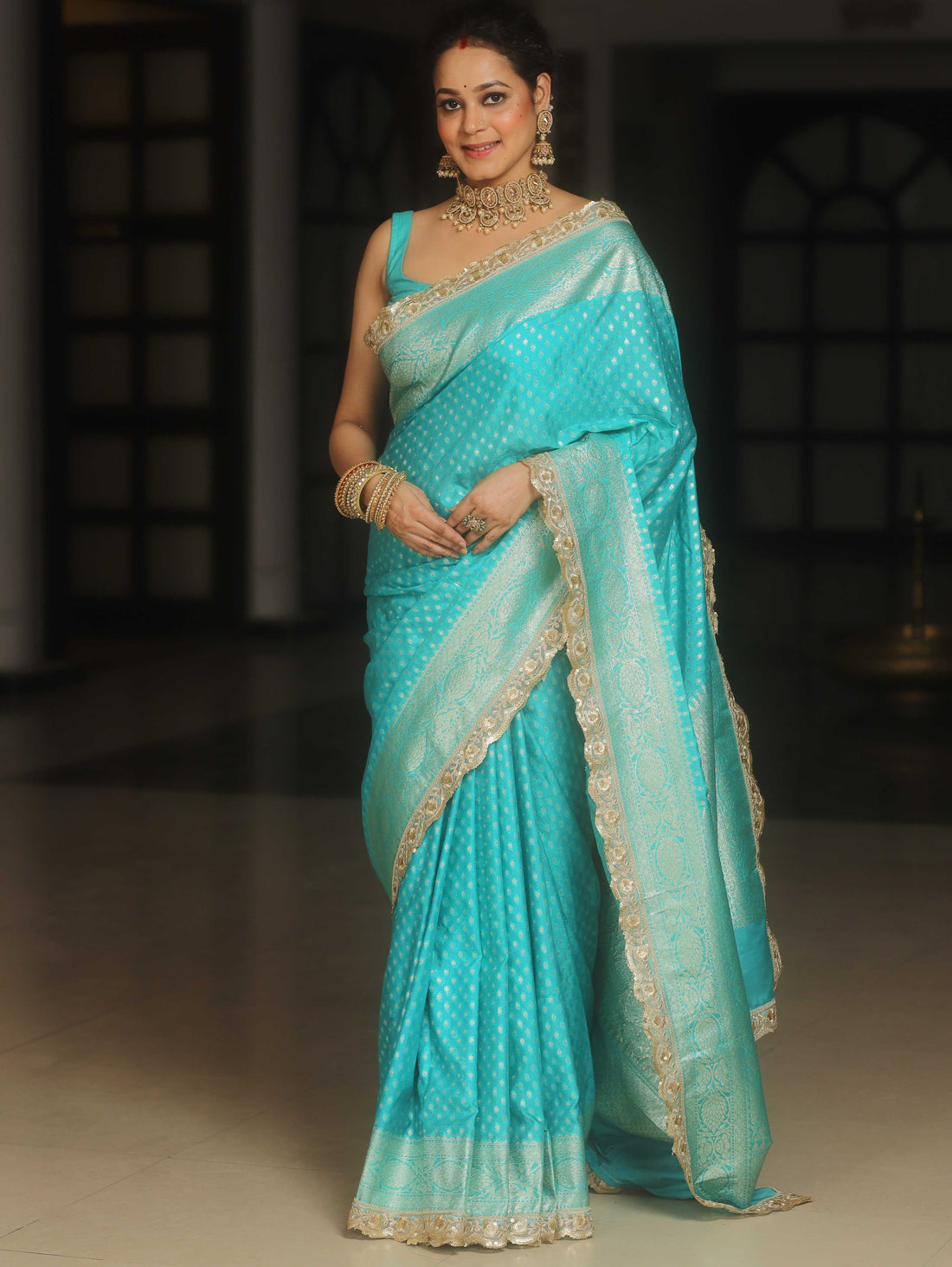 Banarasee Turquoise Semi-Katan Saree