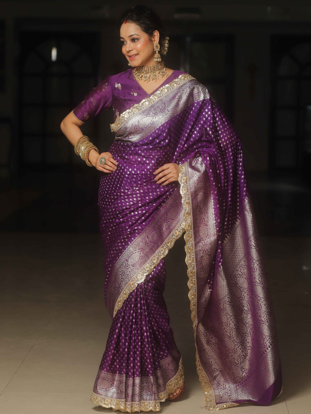 Banarasee Violet Semi-Katan Zari Saree