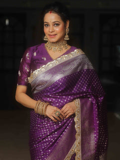 Banarasee Violet Semi-Katan Zari Saree