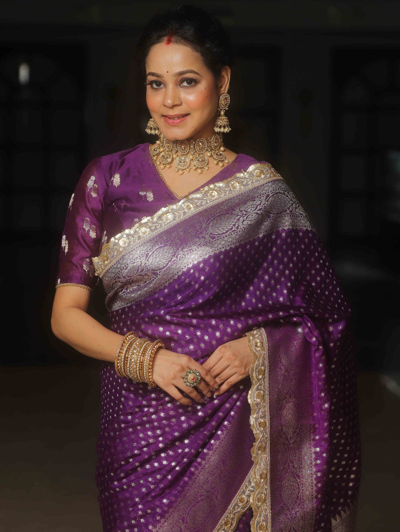 Banarasee Violet Semi-Katan Zari Saree