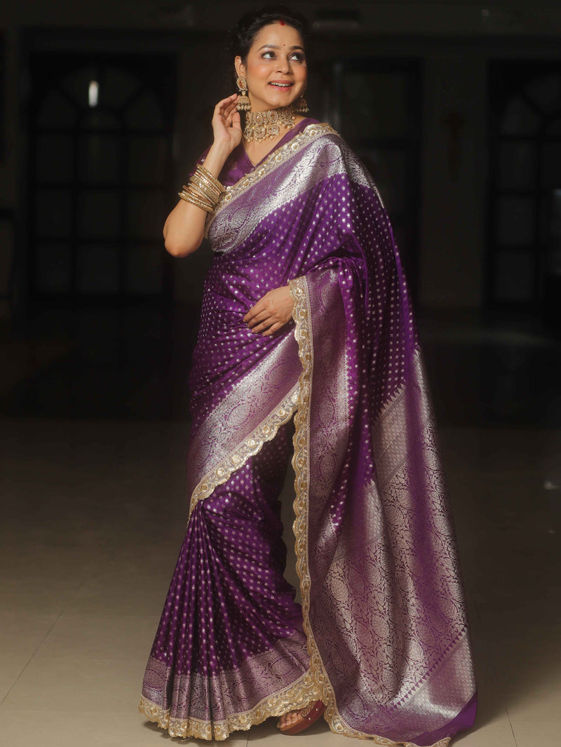 Banarasee Violet Semi-Katan Zari Saree