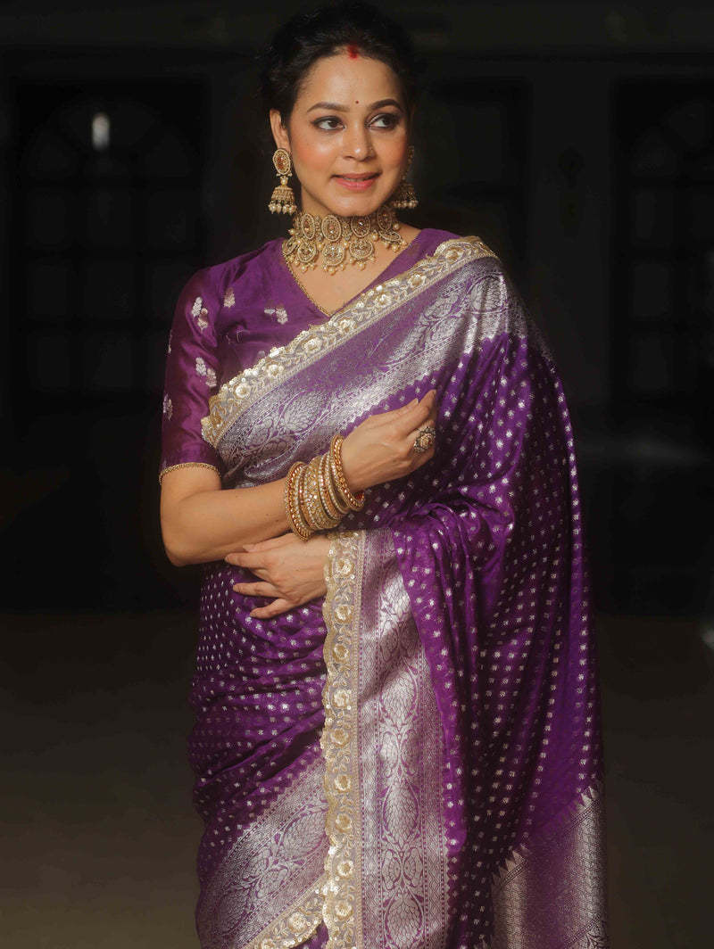 Banarasee Violet Semi-Katan Zari Saree