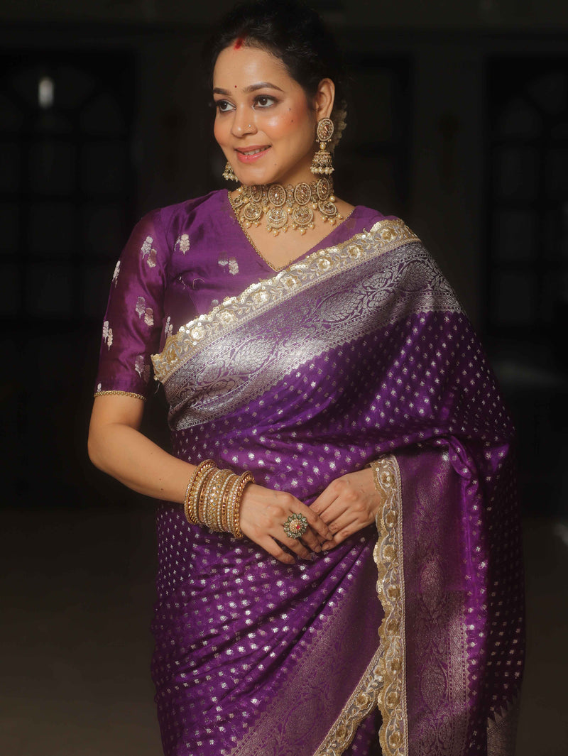 Banarasee Violet Semi-Katan Zari Saree