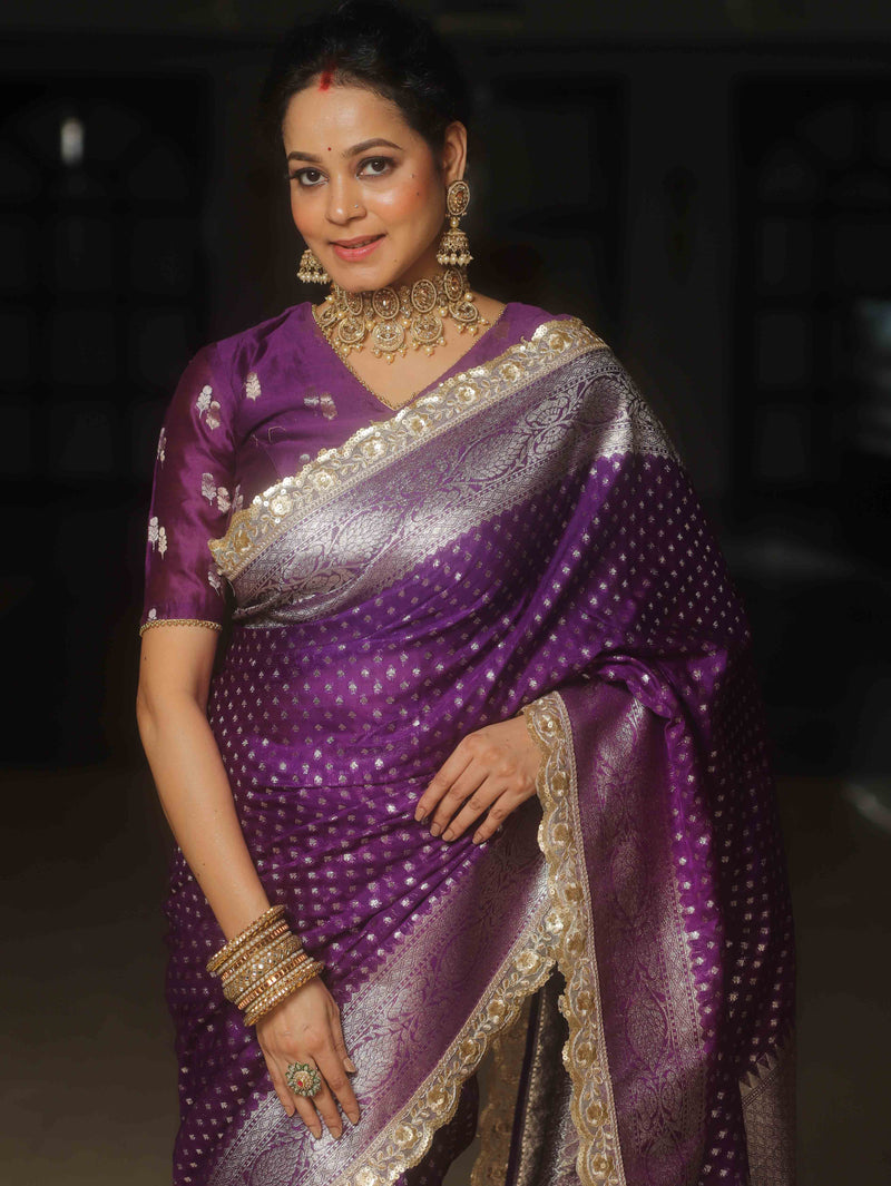 Banarasee Violet Semi-Katan Zari Saree