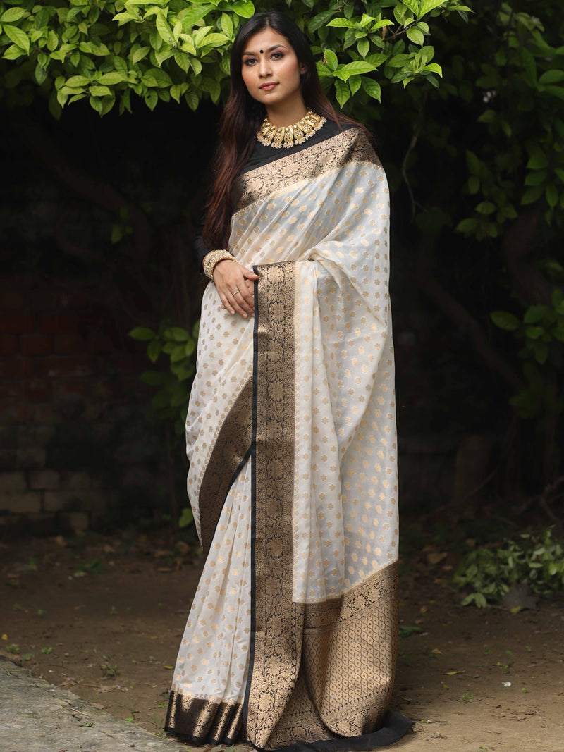 Banarasee White Black Zari Georgette Saree