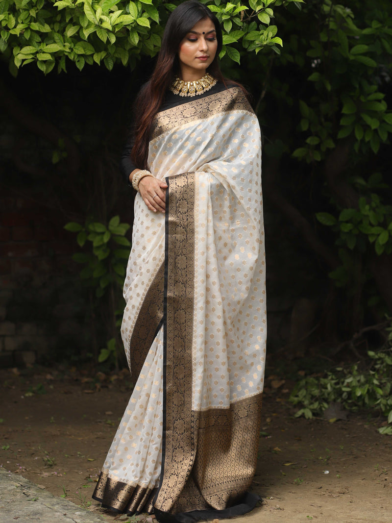 Banarasee White Black Zari Georgette Saree