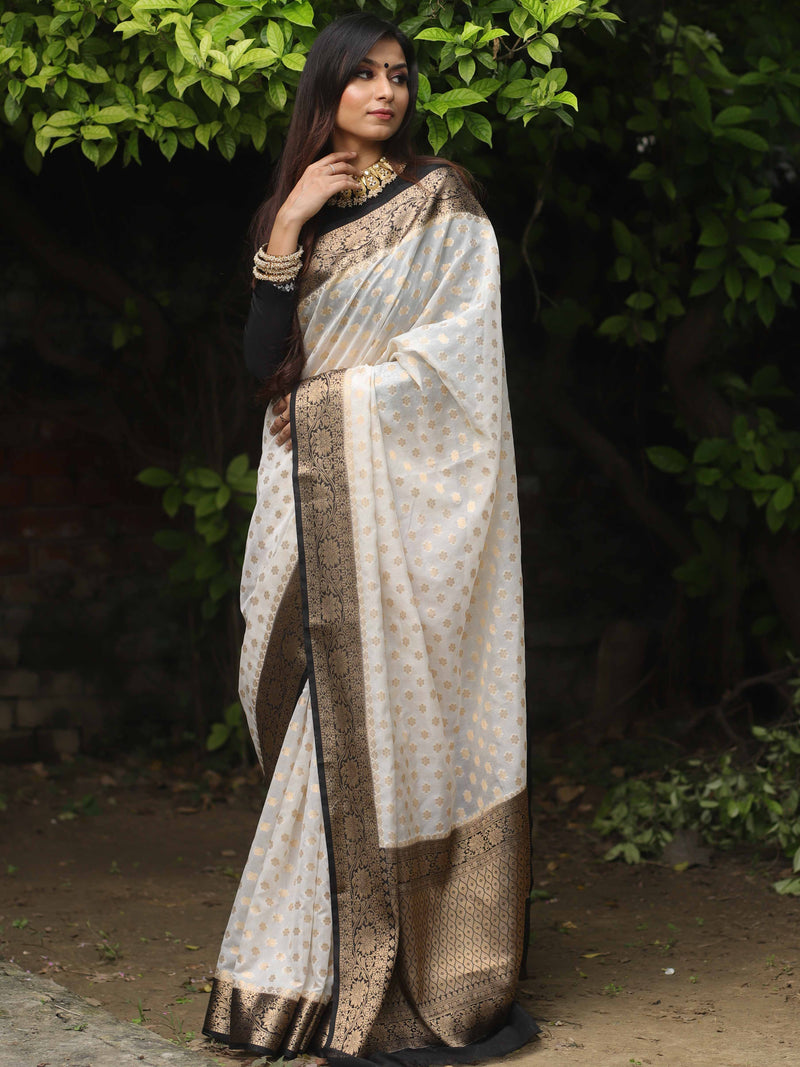 Banarasee White Black Zari Georgette Saree