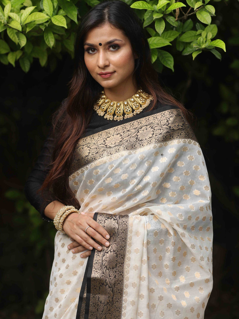 Banarasee White Black Zari Georgette Saree