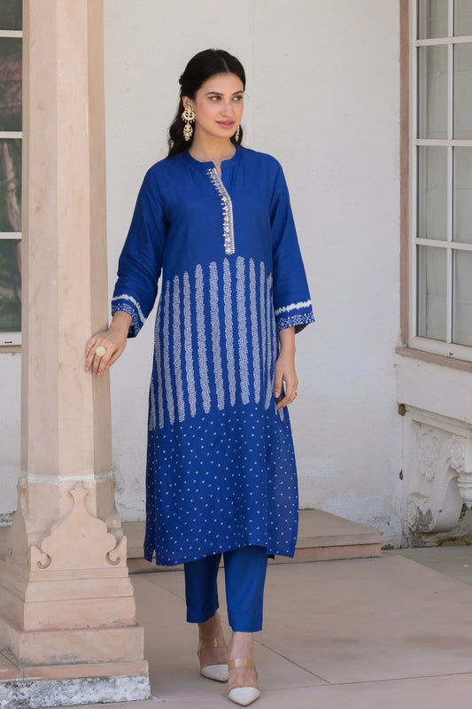 Royal Blue Bandhani Print Muslin Kurta Set