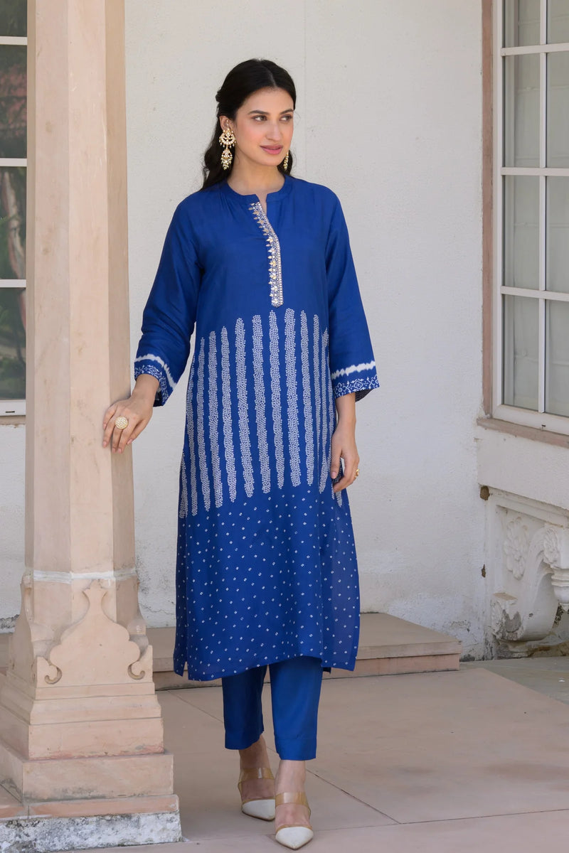 Royal Blue Bandhani Print Muslin Kurta Set