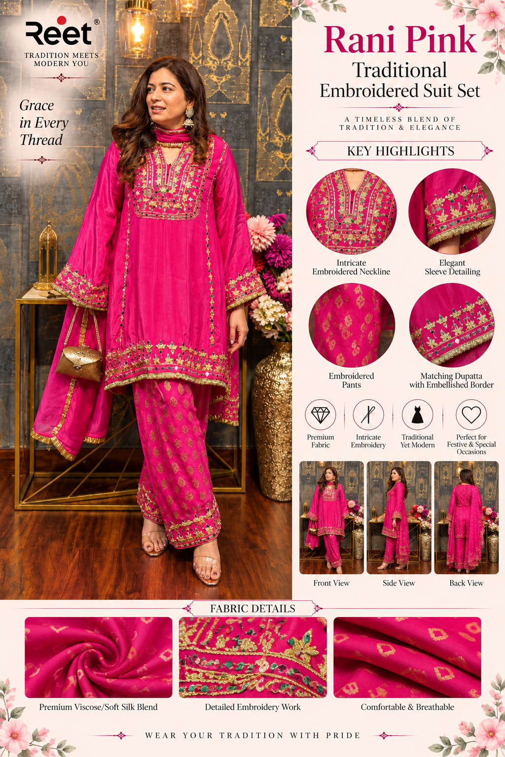 Rani Pink Traditional Embroidered Suit Set