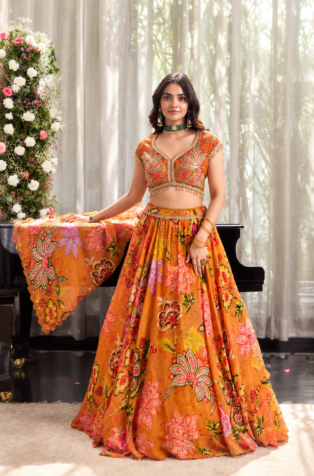 Mariya Orange Floral Printed Lehenga Set