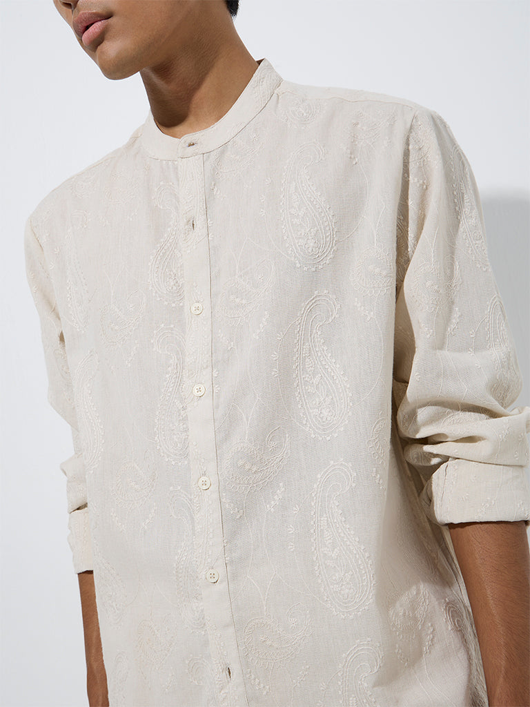Beige embroidered cotton shirt